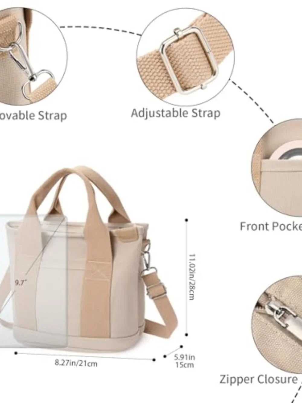 Small Tote Bag with Zipper Crossbody Canvas Handbag for Work Travel